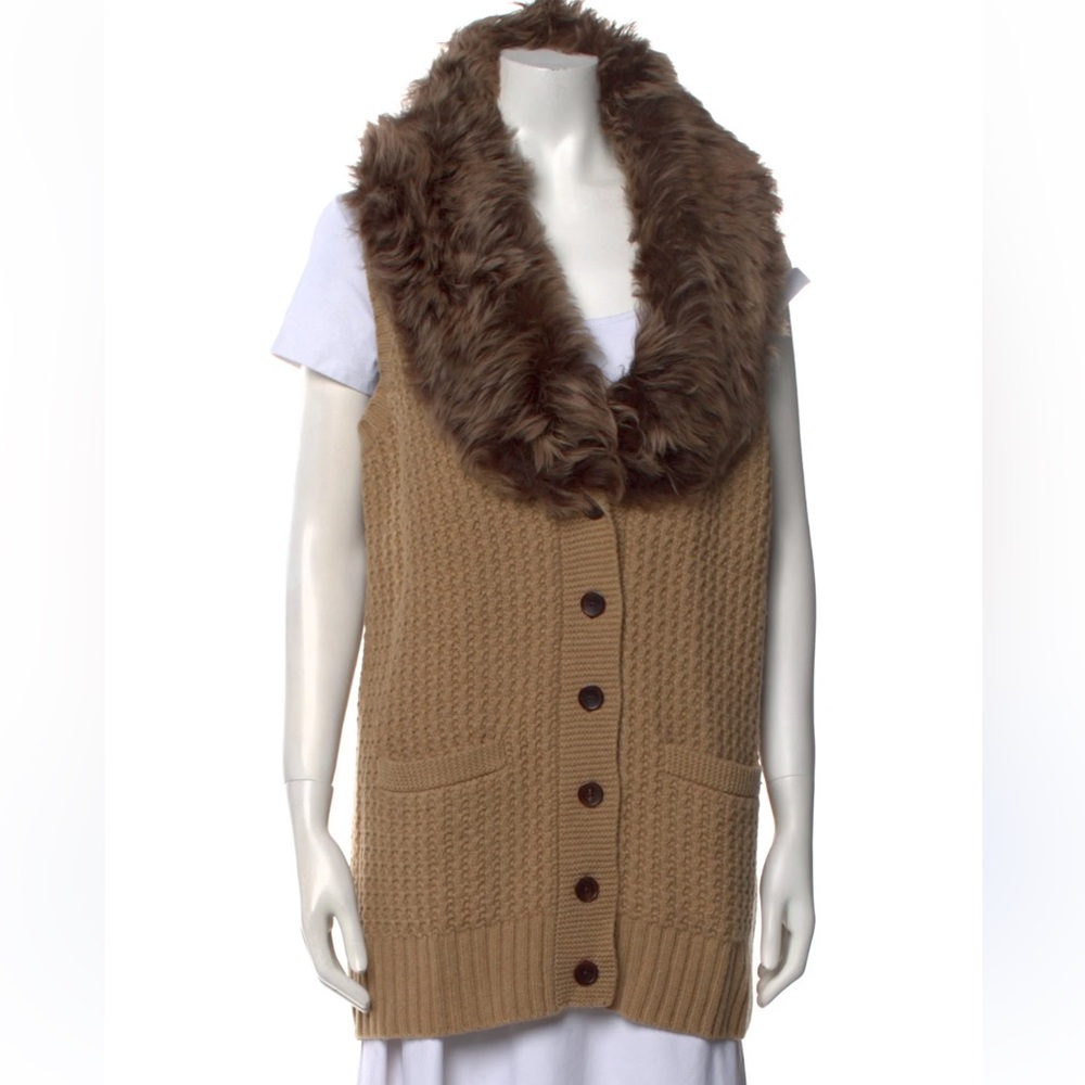 Ralph Lauren Tan Knit Sweater with Removable Fur Collar